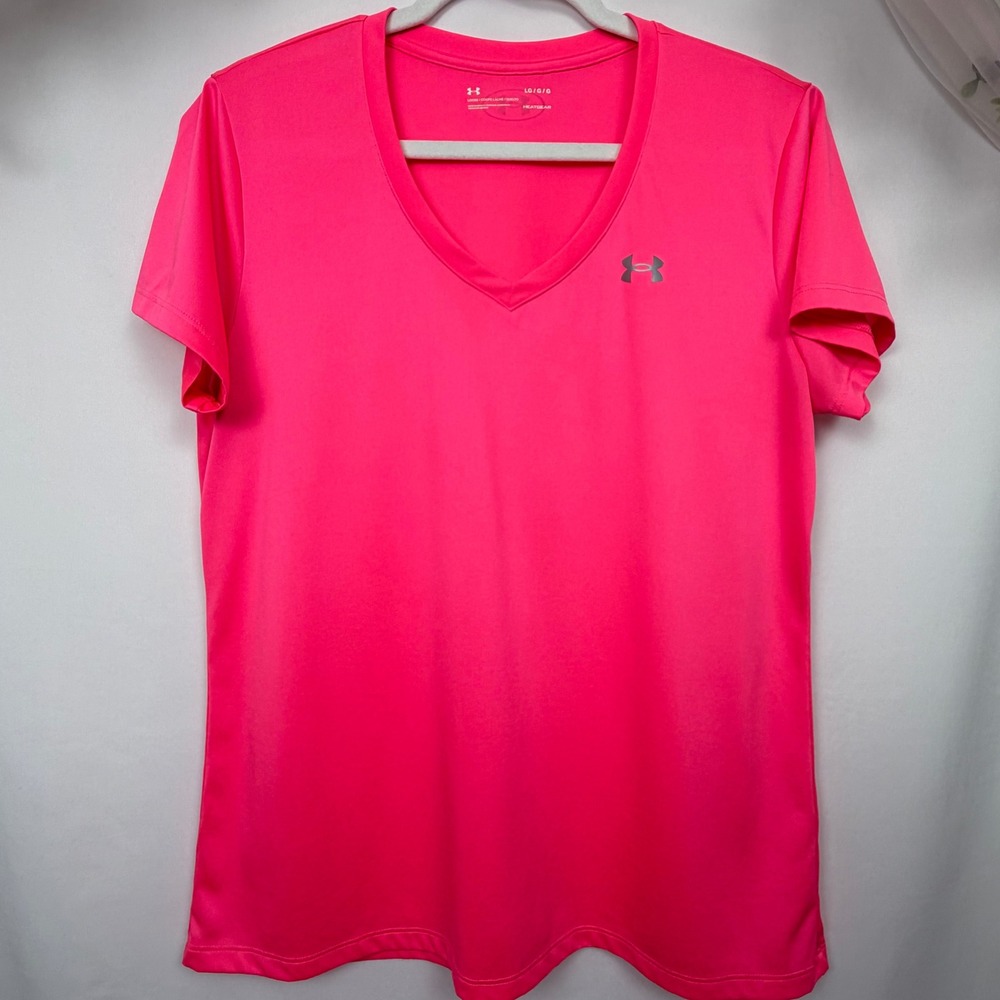 Under Armour HeatGear Womens V-Neck Athletic Shirt Neon Pink Loose Fit Large